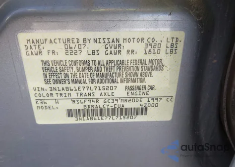 2007 Nissan Sentra 2.0 from USA, damaged, VIN 3N1AB61E77L715207